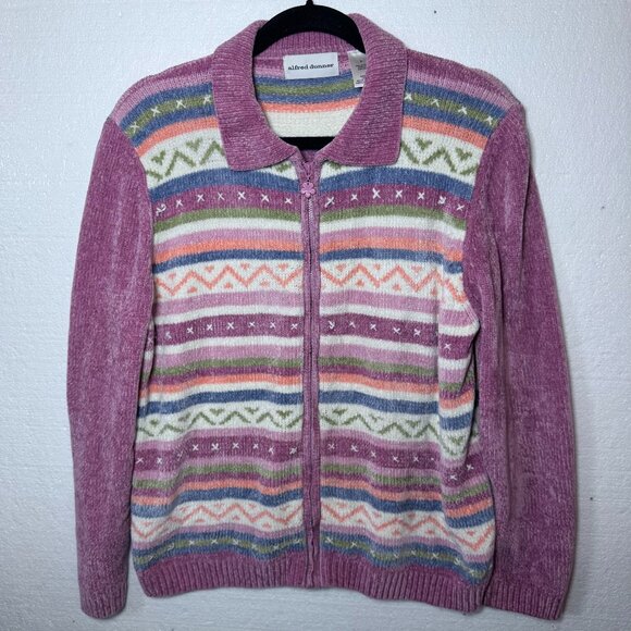 VTG Alfred Dunner Womens Size Large Grannycore Zip Up Sweater Chenille Fair Isle - Picture 1 of 11